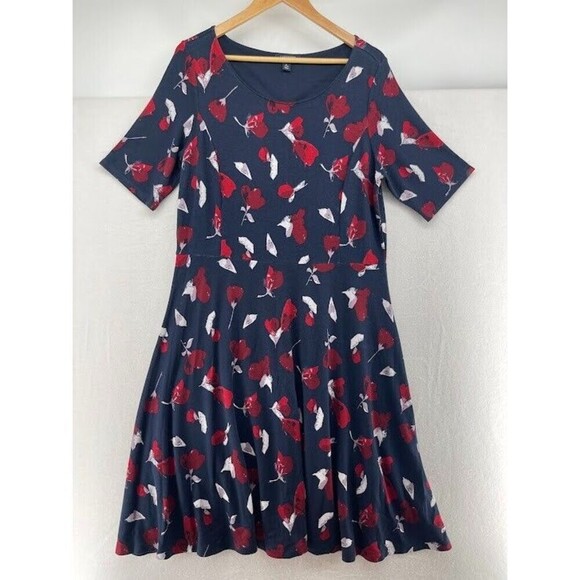 Lands end Women's Dress Knit Size Large 14-16 Fit and Flare Midi Navy Floral - Picture 1 of 8